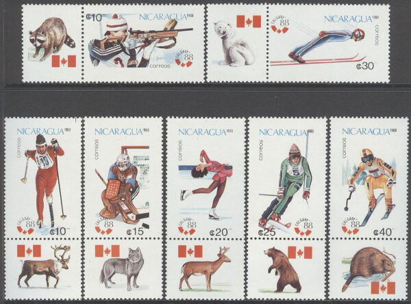 Nicaragua - M 2843-2849 + Zf OS i Calgary 1988 - Djur, serie 7 kpl + Zf **