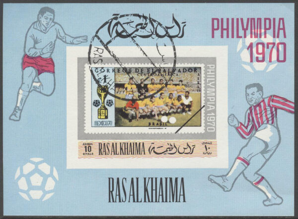 Ras Al Khaima - M BL V 95 B Fotboll - Philympia 1970 - Frimärke på Frimärke, Block