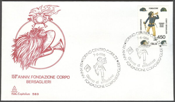 Italien - FDC 1986-06-07 - Bersaglieri trupperna 150 år - Uniformer, märke kpl