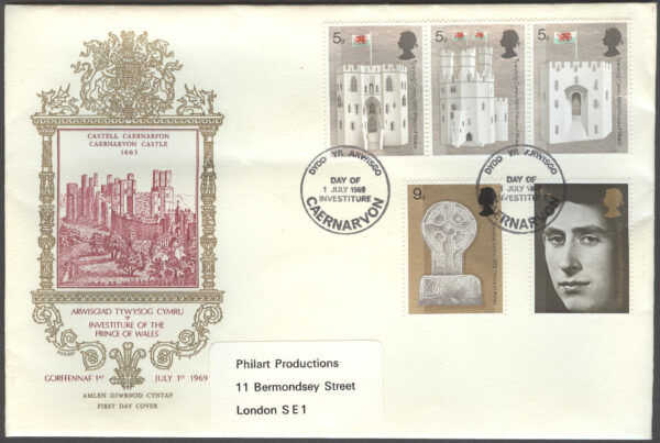 England - FDC 1969-07-01 - Fursten från Wales - Torn - Prins Charles, 5 kpl