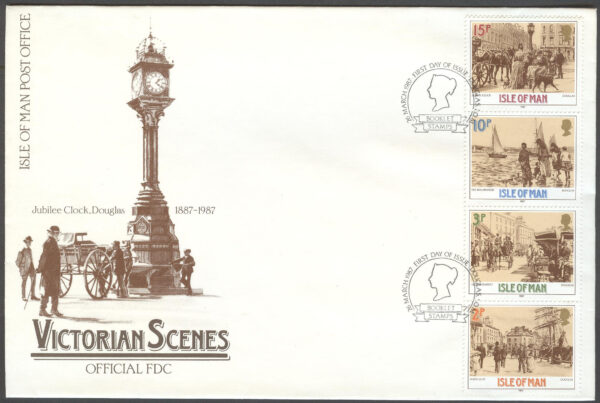 Isle of Man - FDC 1987-03-26 - Drottning Victoria s kröning 150 år, 4-strip kpl