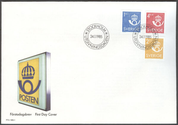Sverige - FDC 1985-01-24 - Postens emblem, 3 kpl Vinjett 1