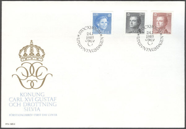 Sverige - FDC 1985-01-24 - Carl XVI Gustaf & Drottning Silvia, 3 kpl Vinjett 1