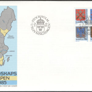 Sverige – FDC 1985-04-24 – Rabattmärken VII – Landskapsvapen, 4 kpl Vinjett 1