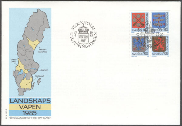 Sverige - FDC 1985-04-24 - Rabattmärken VII - Landskapsvapen, 4 kpl Vinjett 1