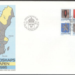 Sverige – FDC 1986-04-23 – Rabattmärken VIII – Landskapsvapen, serie 4 kpl Vinjett 1