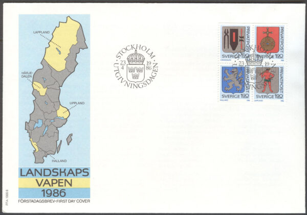 Sverige - FDC 1986-04-23 - Rabattmärken VIII - Landskapsvapen, serie 4 kpl Vinjett 1