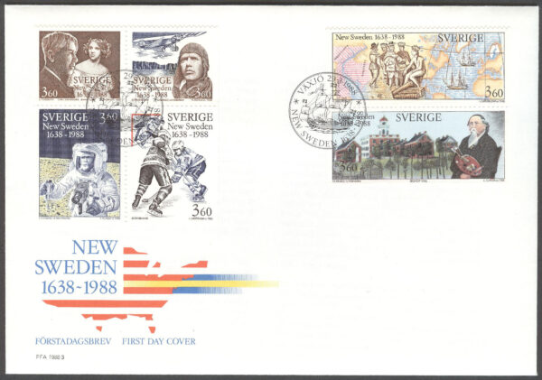Sverige - FDC 1988-03-29 - Nya Sverige 1638-1988, 6 kpl Vinjett 1