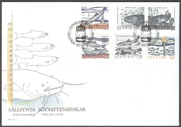 Sverige - FDC 1991-01-30 - Sällsynta sötvattenfiskar, serie 6 kpl Vinjett 1