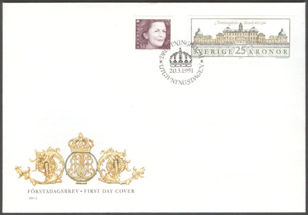 Sverige - FDC 1991-03-20 - Drottning Silvia & Drottningholm, märken kpl Vinjett 1