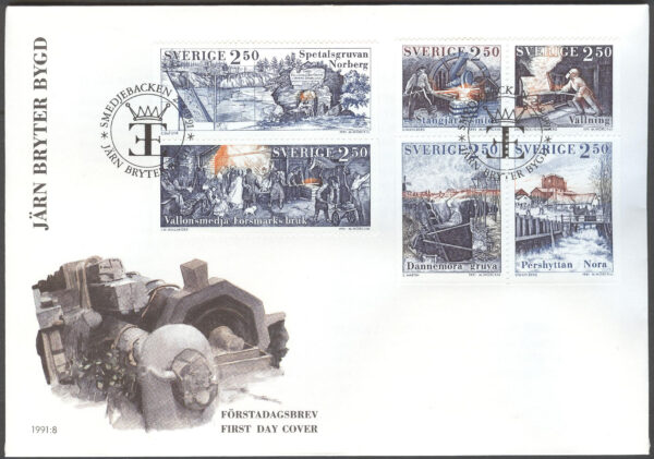 Sverige - FDC 1991-08-27 - Järn bryter bygd, serie 6 kpl Vinjett 1