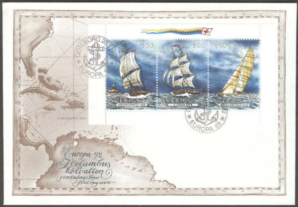 Sverige - FDC 1992-03-26 - Europa CEPT 1992 Columbus, serie 3 kpl Vinjett 1