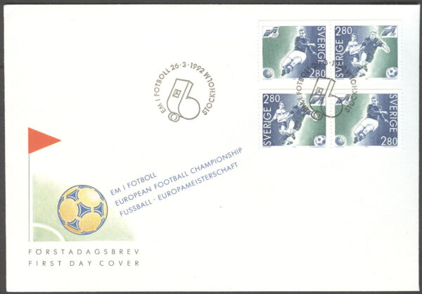 Sverige - FDC 1992-03-26 - EM i fotboll, serie 4 kpl Vinjett 1