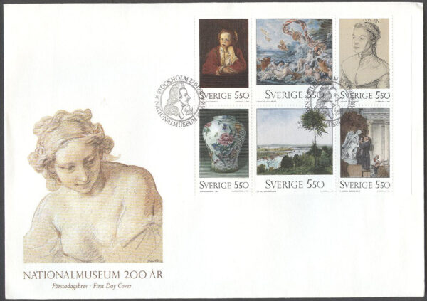 Sverige - FDC 1992-08-27 - Nationalmuseum 200 år, serie 6 kpl Vinjett 1