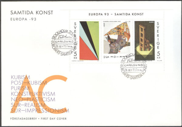 Sverige - FDC 1993-05-21 - Europa CEPT 1993 Konst, serie 3 kpl Vinjett 1