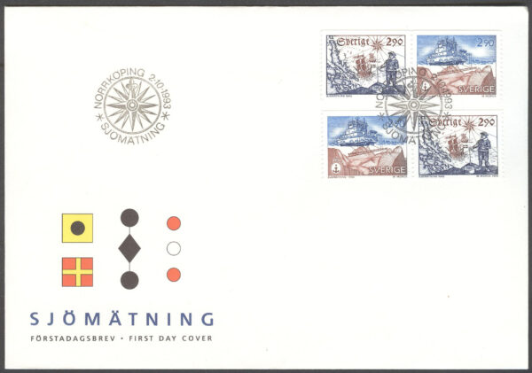 Sverige - FDC 1993-10-02 - Sjömätningen 350 år, serie 4 kpl Vinjett 1