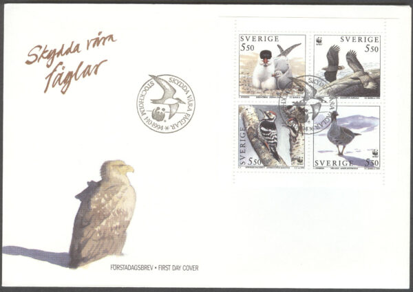 Sverige - FDC 1994-10-01 - Skydda våra fåglar, 4 kpl Vinjett 1