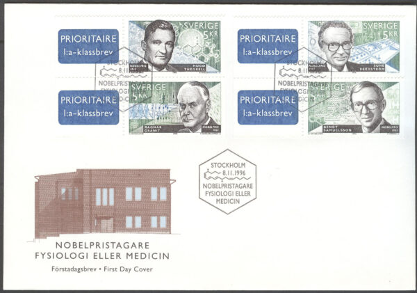 Sverige - FDC 1996-11-08 - Nobelpristagare - Fysiologi eller medicin, 4 kpl Vinjett 1