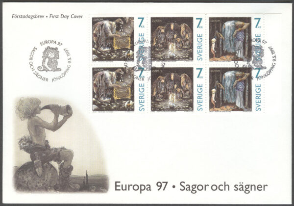 Sverige - FDC 1997-05-09 - Europa CEPT 1997 Sagor, serie 6 kpl Vinjett 1