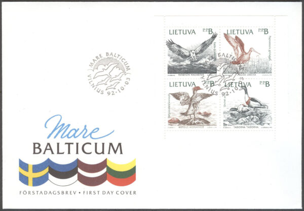 Litauen - FDC 1992-10-03 - Fåglar - Naturskydd - Mare Balticum, 4-Block