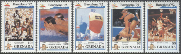 Grenada - M 2139, 2141, 2144-45, 2148 OS i Barcelona Basket, serie 5 olika **