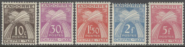 Andorra Fr - M P   21-22, 25-26, 29 Vetekärvar - Portomärken, serie 5 olika **