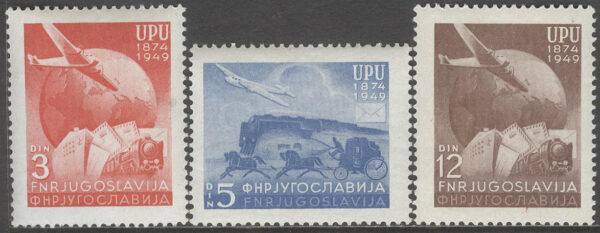 Jugoslavien - M  578-580 Världspostföreningen UPU 75 år, 3 kpl **