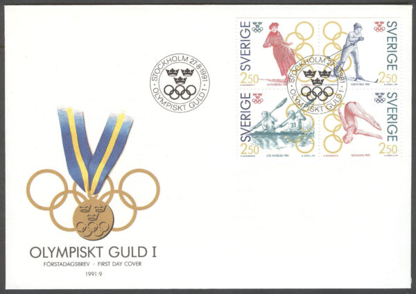 Sverige - FDC 1991-08-27 - Olympiskt guld I, serie 4 kpl Vinjett 1