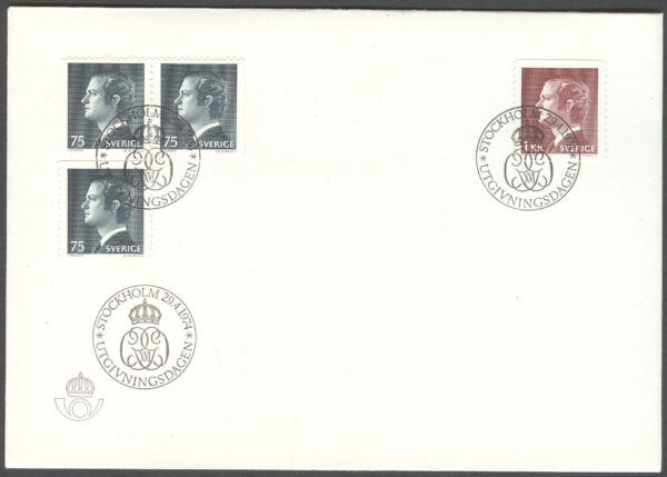 Sverige - FDC 1974-04-29 - Carl XVI Gustaf, typ I, 4 kpl Stort Posthorn lila