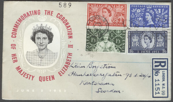 England - FDC 1953-06-03 - Drottning Elisabeth II kröning 1953, 4 kpl