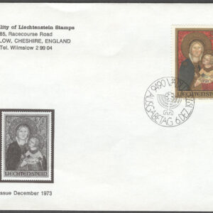 Liechtenstein – FDC 1973-12-06 – Jul 1973 – Konst – Madonna med Barn, märke kpl