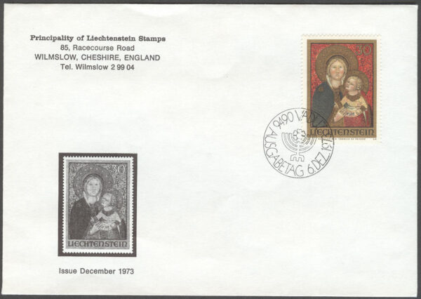 Liechtenstein - FDC 1973-12-06 - Jul 1973 - Konst - Madonna med Barn, märke kpl