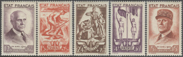 Frankrike - M  589-593 Nationell Hjälp - M Pétain 87 år, serie 5 kpl **