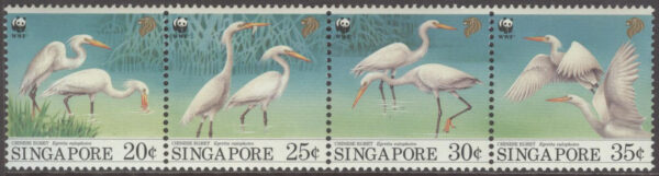 Singapore - M  705-708 Fåglar - Sidenhäger - Naturskydd - WWF - 4-strip kpl **