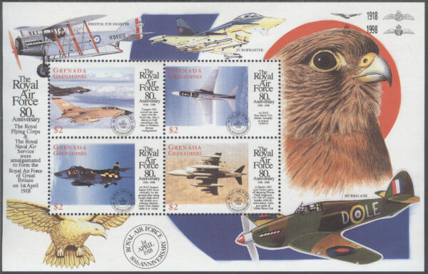 Grenada Grenadines - M 2798-2805 Flyg - RAF 80 år - Fåglar, 2 st Miniark kpl **
