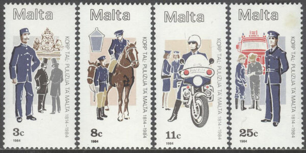 Malta - M  706-709 Polisen på Malta 170 år - Uniformer - Häst, serie 4 kpl **