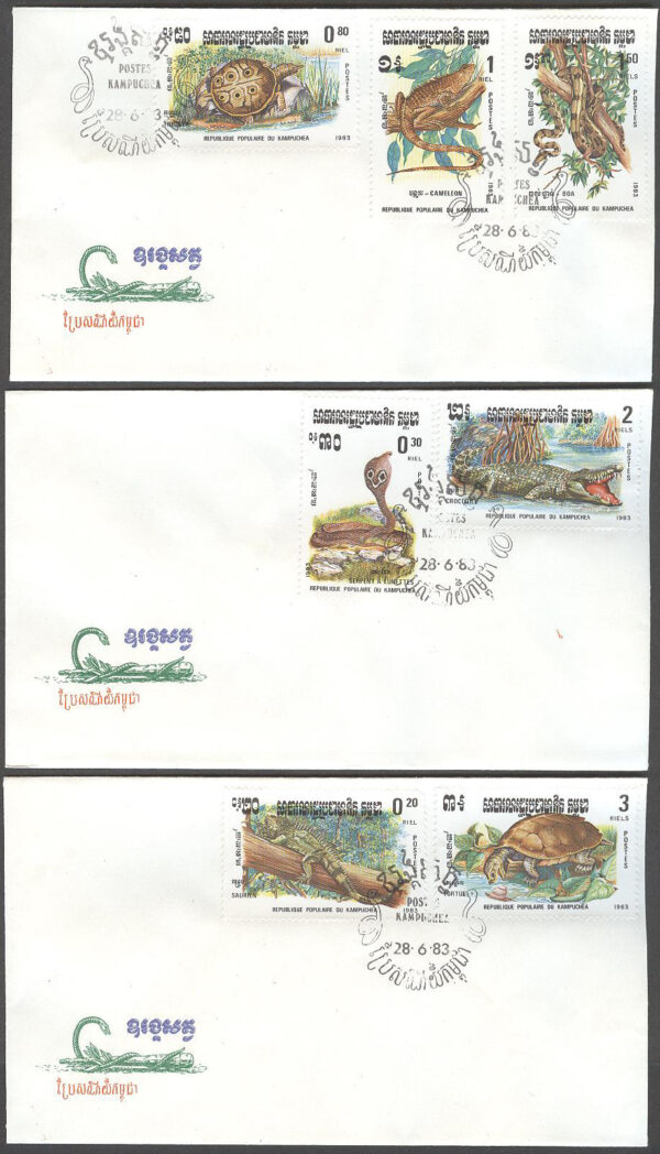 Kambodja - FDC 1983-06-28 - Reptiler bla Leguan & Kobra, serie 7 kpl