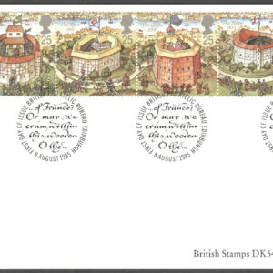 England – FDC 1995-08-08 – Byggandet av Globe Teatern, 5-strip kpl