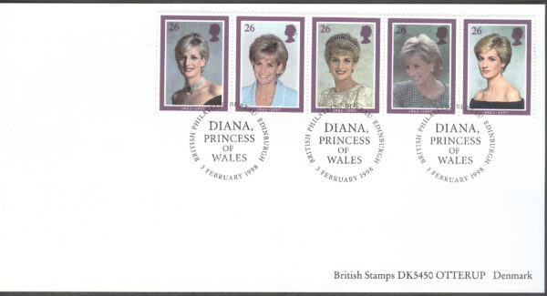 England - FDC 1998-02-03 - Prinsessan Dianas död 1997, 5-strip kpl