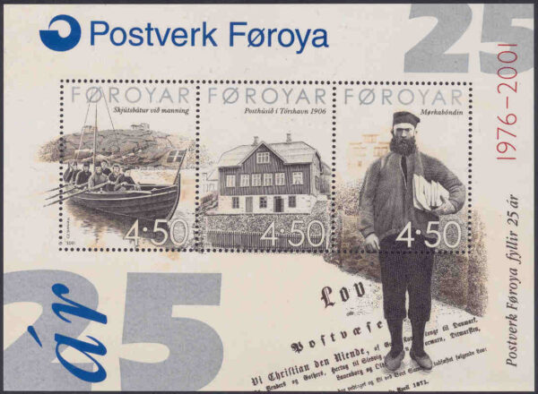 Färöarna - F  393-395 (BL 10) Färöarnas postverk 25 år, Postbåt, posthus, postman, Block **