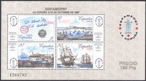 Spanien - M BL  30 Spansk-Amerikansk frimärksutställn. ESPAMER 87, bl a Havannas hamn, Postskepp, block kpl**