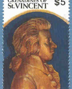 St. Vincent Grenadines – M  830 Musik – W A Mozart 200 år, kt, märke **