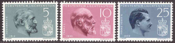 Liechtenstein - M  415-417 Frimärken i Liechtenstein 50 år, furstar, 3 kpl**