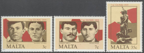 Malta - M  728-730 Upproret  7. Juni 1919 76 år bla Wenzu Dyer, serie 3 kpl **