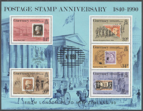 Guernsey - M BL   6 I Frimärket 150 år - Frimärke på Frimärke - Utställning, Block **