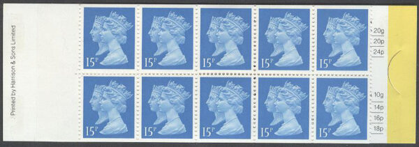 England - M Häfte Drottning Elisabeth II 15p, 10 frimärken i Häfte kpl **