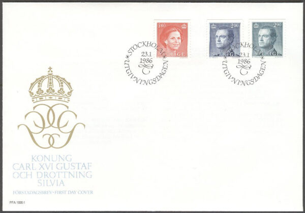 Sverige - FDC 1986-01-23 - Carl XVI Gustaf & Drottning Silvia, 3 kpl Vinjett 1