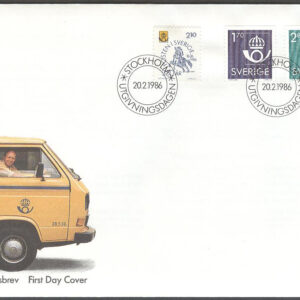 Sverige – FDC 1986-02-20 – Postens emblem & Postverket 350 år, 3 kpl Vinjett 1