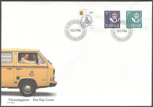 Sverige - FDC 1986-02-20 - Postens emblem & Postverket 350 år, 3 kpl Vinjett 1