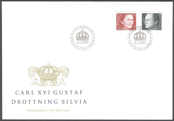 Sverige - FDC 1993-01-02 - Carl XVI Gustaf & Drottning Silvia, serie 2 kpl Vinjett 1